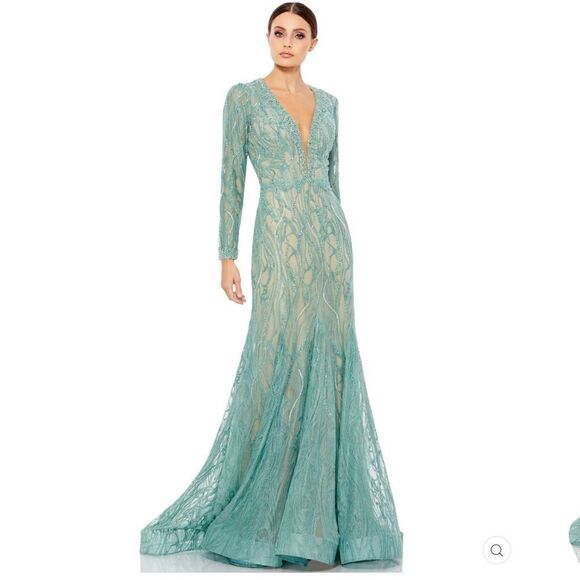 Mac Duggal 79291 Womens BEADED ILLUSION LONG SLEEVE PLUNGE NECK GOWN - Picture 3 of 16